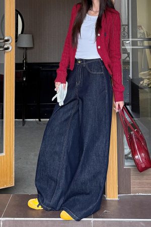 High-Waisted Wide-Leg Jeans for Women - Light Fabric, Deep Blue, Retro American Style, Casual Spring Fashion