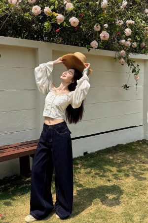 High-Waisted Wide-Leg Jeans for Women - Light Fabric, Deep Blue, Retro American Style, Casual Spring Fashion