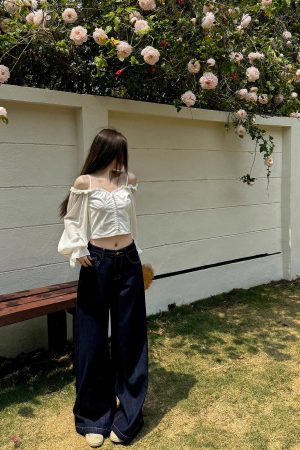 High-Waisted Wide-Leg Jeans for Women - Light Fabric, Deep Blue, Retro American Style, Casual Spring Fashion