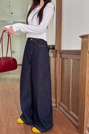 High-Waisted Wide-Leg Jeans for Women - Light Fabric, Deep Blue, Retro American Style, Casual Spring Fashion