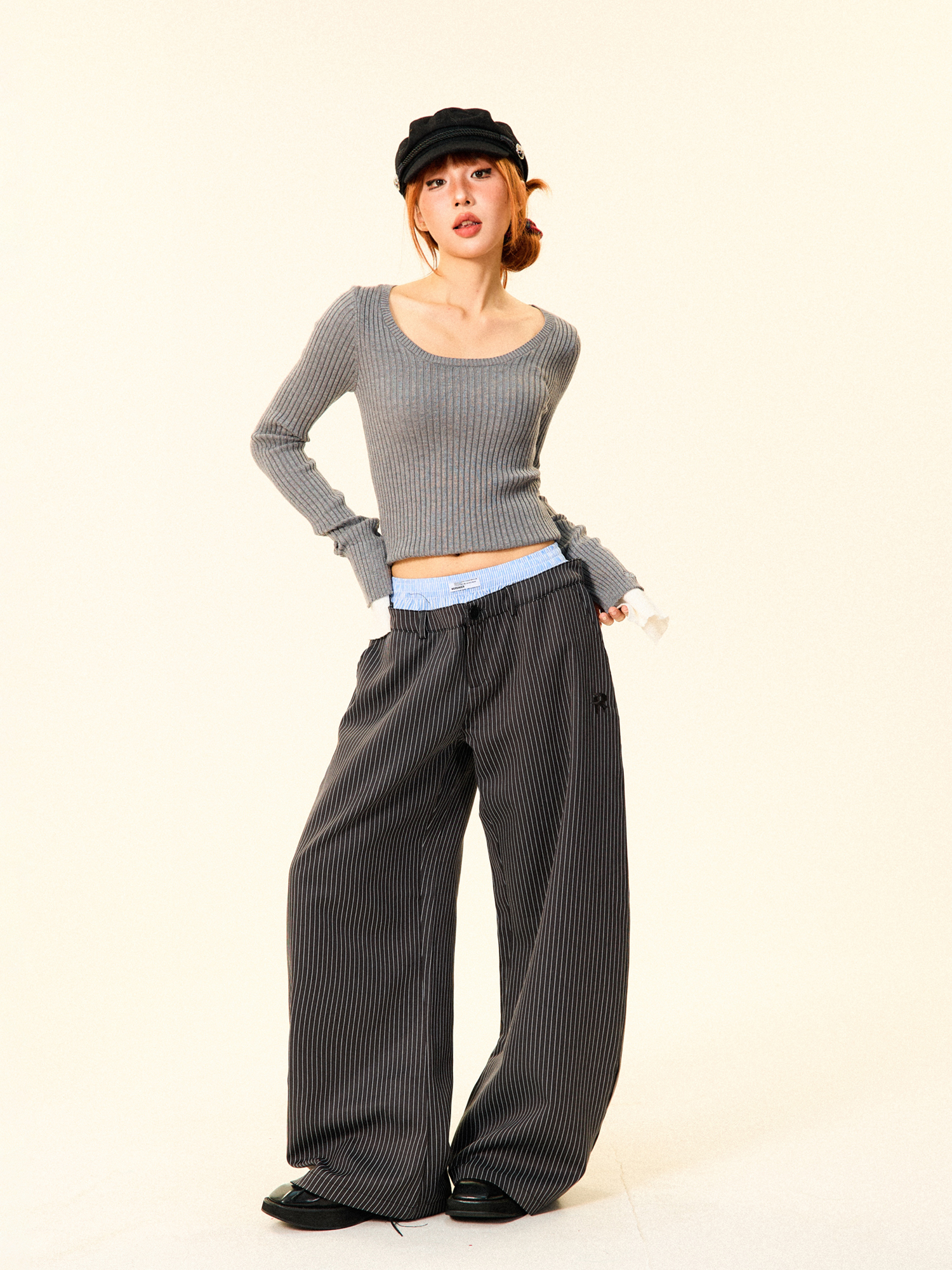 High-Waisted Wide-Leg Trousers for Women - American Vintage Vertical Striped Casual Pants, Loose Slim Fit, 90s Inspired Fashion High-Waisted Wide-Leg Trousers for Women - American Vintage Vertical Striped Casual Pants, Loose Slim Fit, 90s Inspired Fashion