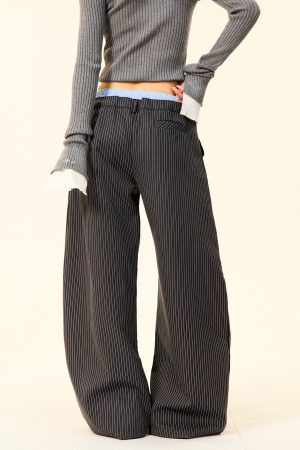 High-Waisted Wide-Leg Trousers for Women - American Vintage Vertical Striped Casual Pants, Loose Slim Fit, 90s Inspired Fashion
