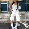 High-Waisted Women's Cargo Shorts - American Style Streetwear, Loose Casual Five-Point Summer Pants, Trendy White Straight-Leg Design