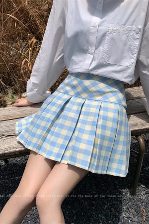 High-Waisted Yellow Plaid Pleated Skirt for Women - Slimming Checkered A-Line Half Skirt in JK Style for Petite Fashion