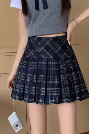 High-Waisted Yellow Plaid Pleated Skirt for Women - Slimming Checkered A-Line Half Skirt in JK Style for Petite Fashion