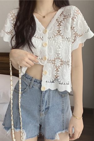 Hollow-Out Hook Flower Short Sleeve Cardigan - Women's Knitted Summer Cover-Up Top in Korean Style, Versatile and Lightweight