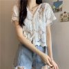 Hollow-Out Hook Flower Short Sleeve Cardigan - Women's Knitted Summer Cover-Up Top in Korean Style, Versatile and Lightweight