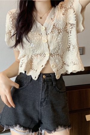 Hollow-Out Hook Flower Short Sleeve Cardigan - Women's Knitted Summer Cover-Up Top in Korean Style, Versatile and Lightweight
