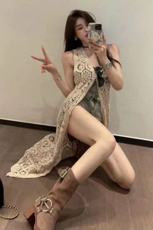 Hollow-Out Vest Dress in Ice Silk - Women's Thin Knitted Long Cardigan for Beach Vacation Layered Style