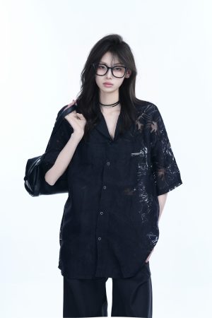 Hollow Semi-Transparent Short Sleeve Shirt for Women - National Trend Lightweight Loose Blouse for Summer, Y2K Style