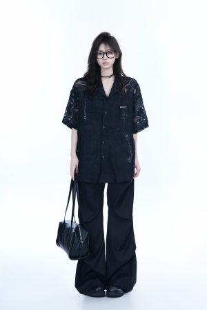 Hollow Semi-Transparent Short Sleeve Shirt for Women - National Trend Lightweight Loose Blouse for Summer, Y2K Style