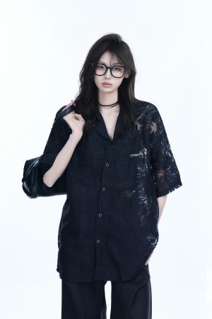 Hollow Semi-Transparent Short Sleeve Shirt for Women - National Trend Lightweight Loose Blouse for Summer, Y2K Style