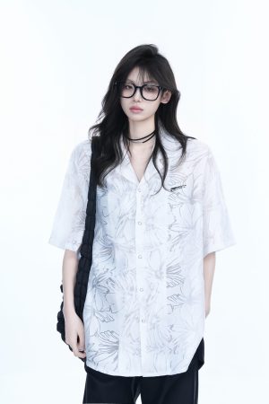 Hollow Semi-Transparent Short Sleeve Shirt for Women - National Trend Lightweight Loose Blouse for Summer, Y2K Style