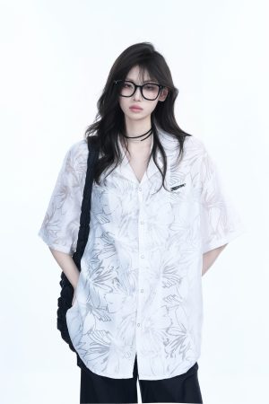 Hollow Semi-Transparent Short Sleeve Shirt for Women - National Trend Lightweight Loose Blouse for Summer, Y2K Style
