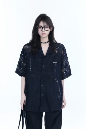 Hollow Semi-Transparent Short Sleeve Shirt for Women - National Trend Lightweight Loose Blouse for Summer, Y2K Style