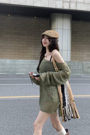 Hollowed-Out Off-Shoulder Knitted Top for Women - Loose Casual Long Sleeve Beach Vacation Cover-Up, Perfect for Y2K Style