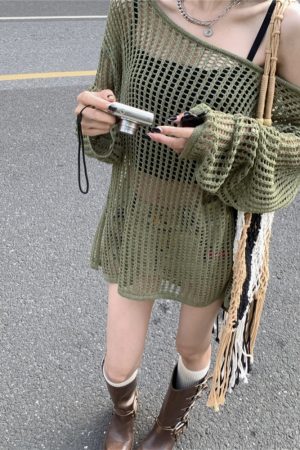 Hollowed-Out Off-Shoulder Knitted Top for Women - Loose Casual Long Sleeve Beach Vacation Cover-Up, Perfect for Y2K Style