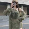Hollowed-Out Off-Shoulder Knitted Top for Women - Loose Casual Long Sleeve Beach Vacation Cover-Up, Perfect for Y2K Style