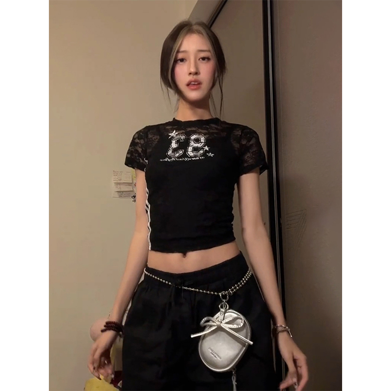 Hollowed-Out Spicy Girl Short Sleeve Digital Print Jersey T-Shirt - Slim Fit Summer Style Y2K Fashion Top Hollowed-Out Spicy Girl Short Sleeve Digital Print Jersey T-Shirt - Slim Fit Summer Style Y2K Fashion Top