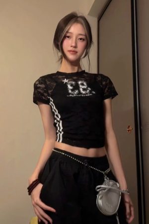 Hollowed-Out Spicy Girl Short Sleeve Digital Print Jersey T-Shirt - Slim Fit Summer Style Y2K Fashion Top