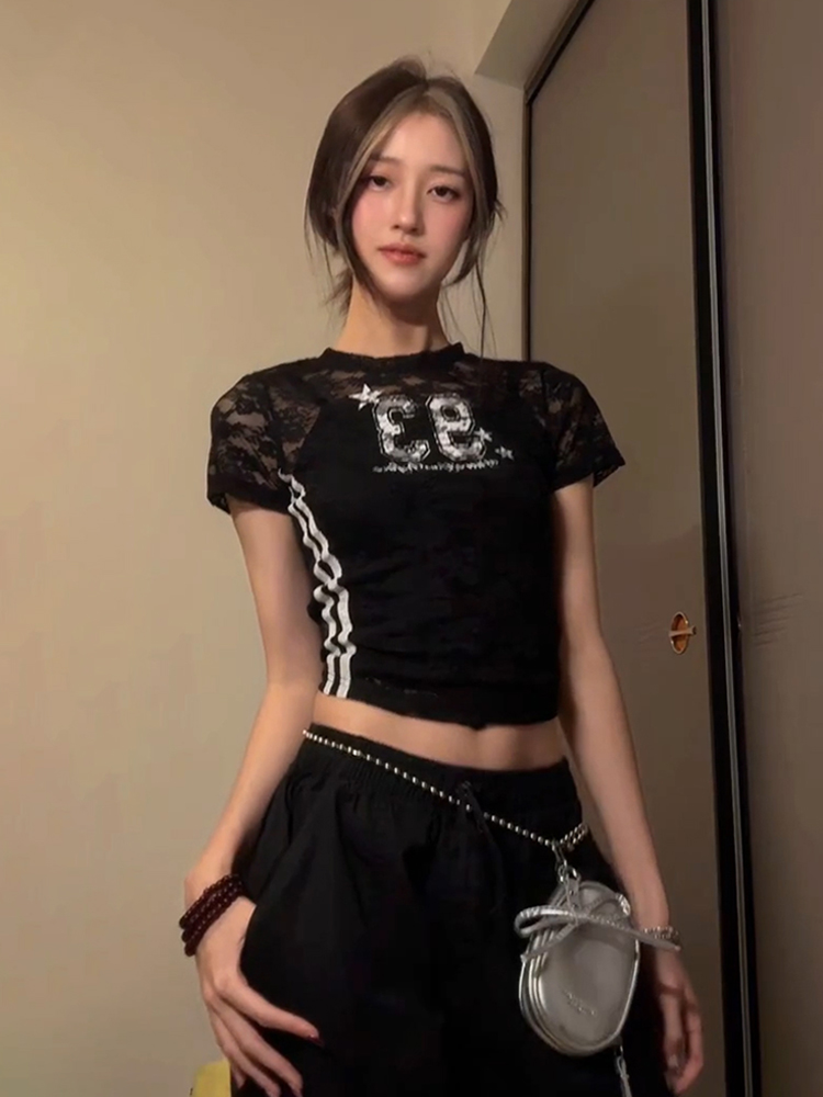 Hollowed-Out Spicy Girl Short Sleeve Digital Print Jersey T-Shirt - Slim Fit Summer Style Y2K Fashion Top Hollowed-Out Spicy Girl Short Sleeve Digital Print Jersey T-Shirt - Slim Fit Summer Style Y2K Fashion Top