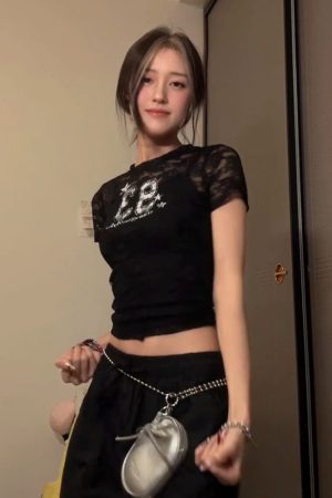 Hollowed-Out Spicy Girl Short Sleeve Digital Print Jersey T-Shirt - Slim Fit Summer Style Y2K Fashion Top