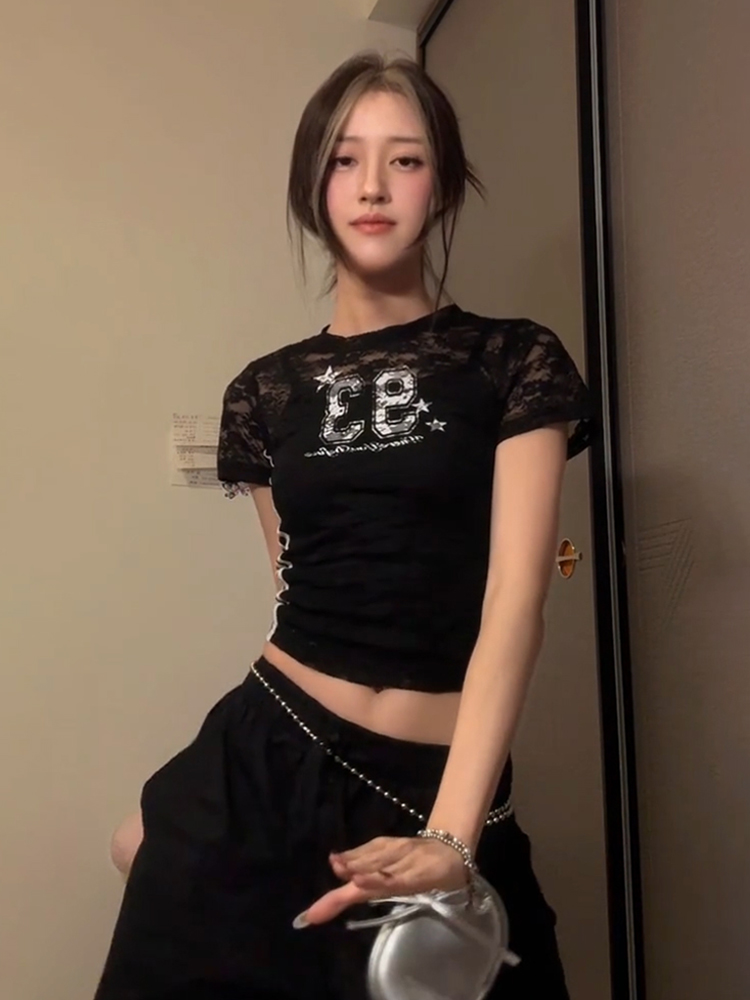 Hollowed-Out Spicy Girl Short Sleeve Digital Print Jersey T-Shirt - Slim Fit Summer Style Y2K Fashion Top Hollowed-Out Spicy Girl Short Sleeve Digital Print Jersey T-Shirt - Slim Fit Summer Style Y2K Fashion Top