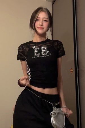 Hollowed-Out Spicy Girl Short Sleeve Digital Print Jersey T-Shirt - Slim Fit Summer Style Y2K Fashion Top