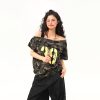 Hot Girl Off-Shoulder Camouflage Letter T-Shirt for Women, Slim-Fit Short Crop Top, Trendy Summer Drawstring Style
