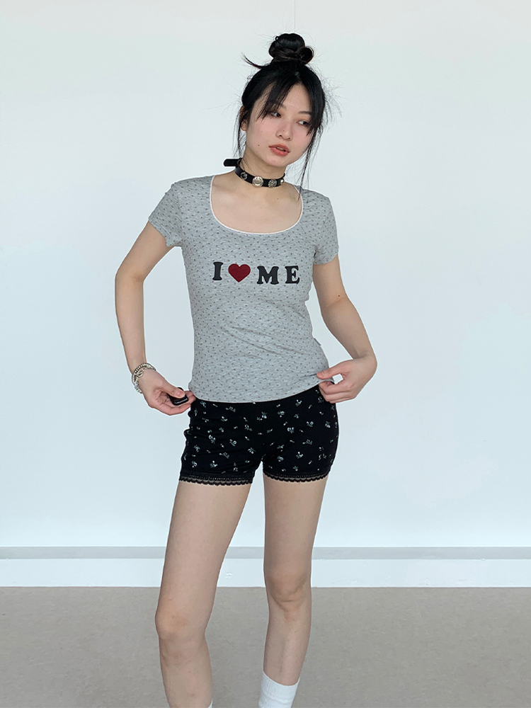 I Love Me Heart Velvet Lace Trim Top with Floral Short Sleeves - Summer Casual Style for Girls I Love Me Heart Velvet Lace Trim Top with Floral Short Sleeves - Summer Casual Style for Girls