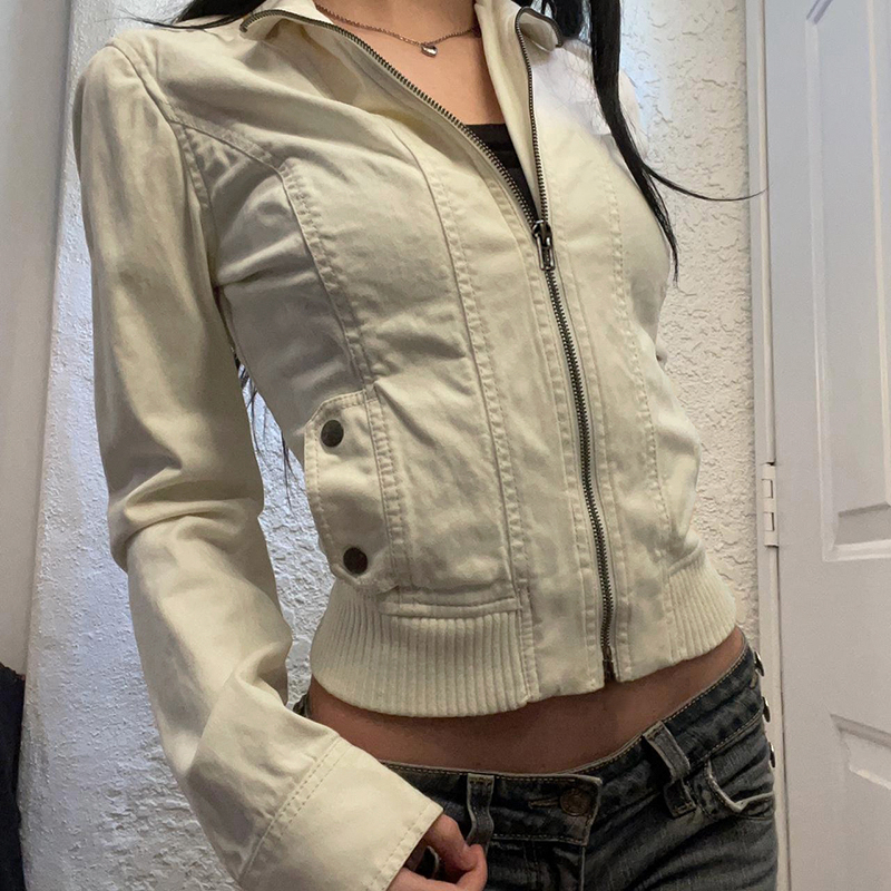 Industrial Style Zipper Jacket for Women - Deconstructed Splicing, Pocket, Stand Collar, Slim Fit, Cinched Waist, Short Coat Industrial Style Zipper Jacket for Women - Deconstructed Splicing, Pocket, Stand Collar, Slim Fit, Cinched Waist, Short Coat