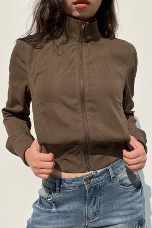 Industrial Style Zipper Jacket for Women - Deconstructed Splicing, Pocket, Stand Collar, Slim Fit, Cinched Waist, Short Coat