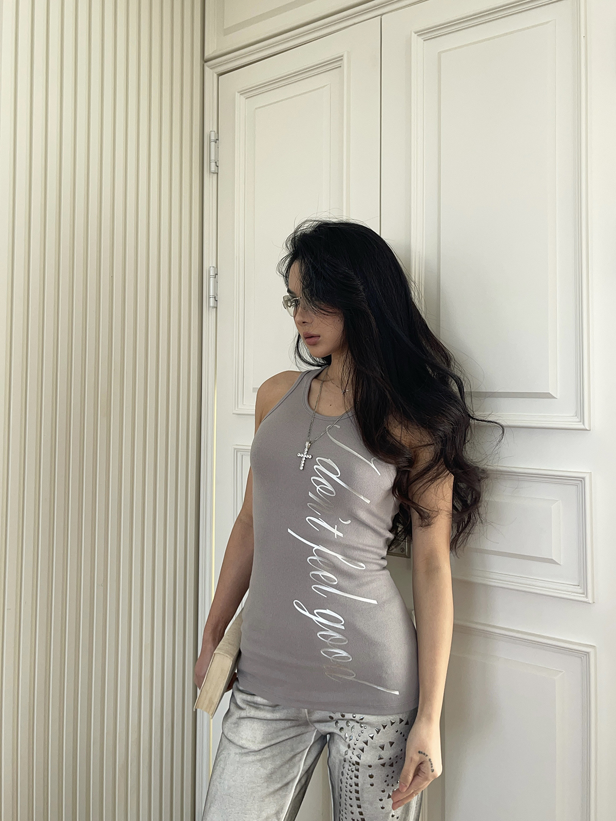 Ink Splash Studded Gray Vest with Flared Pants Set - Trendy Y2K Style Outfit for a Chic Look Ink Splash Studded Gray Vest with Flared Pants Set - Trendy Y2K Style Outfit for a Chic Look