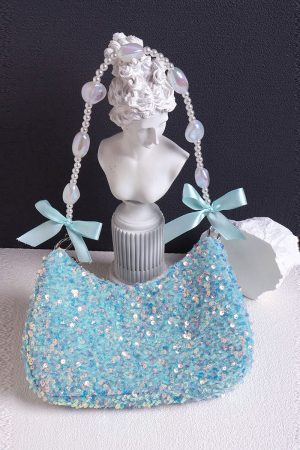 Iridescent Mermaid Sequin Beaded Underarm Bag with Lace-Up Bow - Cute Summer Crossbody Bag for Y2K and Korean Style Fashion