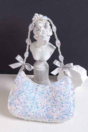Iridescent Mermaid Sequin Beaded Underarm Bag with Lace-Up Bow - Cute Summer Crossbody Bag for Y2K and Korean Style Fashion