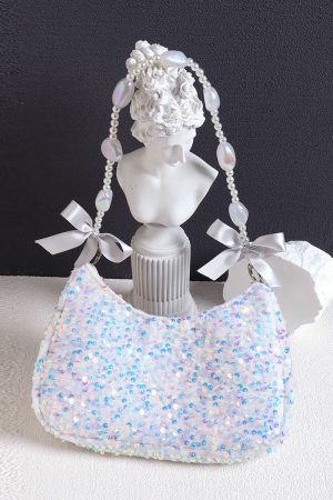 Iridescent Mermaid Sequin Beaded Underarm Bag with Lace-Up Bow - Cute Summer Crossbody Bag for Y2K and Korean Style Fashion