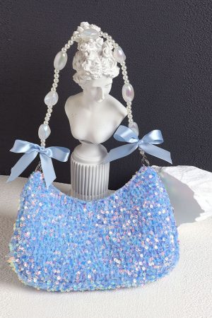 Iridescent Mermaid Sequin Beaded Underarm Bag with Lace-Up Bow - Cute Summer Crossbody Bag for Y2K and Korean Style Fashion