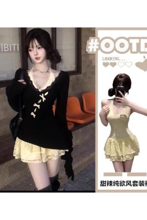 Irregular Butterfly Hollow-Out Halter Lace Dress â€“ Women's Layered Two-Piece Set for Spring & Autumn, Sweet & Spicy Style