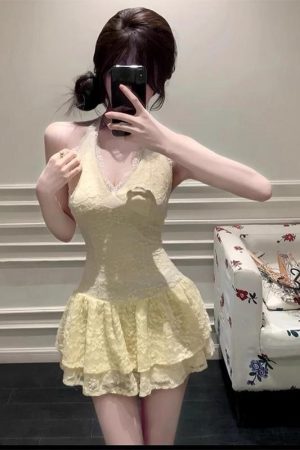 Irregular Butterfly Hollow-Out Halter Lace Dress â€“ Women's Layered Two-Piece Set for Spring & Autumn, Sweet & Spicy Style