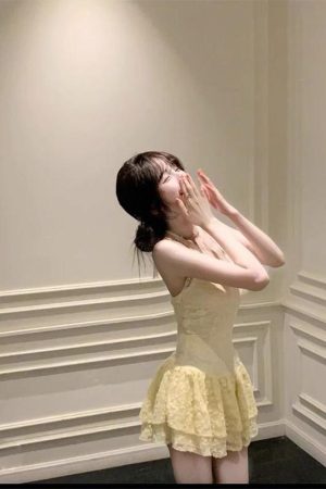 Irregular Butterfly Hollow-Out Halter Lace Dress â€“ Women's Layered Two-Piece Set for Spring & Autumn, Sweet & Spicy Style