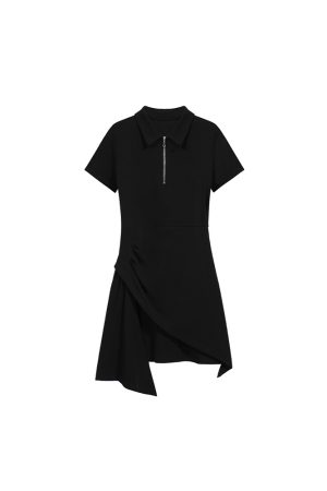 Irregular Design Little Black Dress with Polo Collar - Versatile Slim Fit for Women, Pure Desire Style, Trendy Niche Fashion