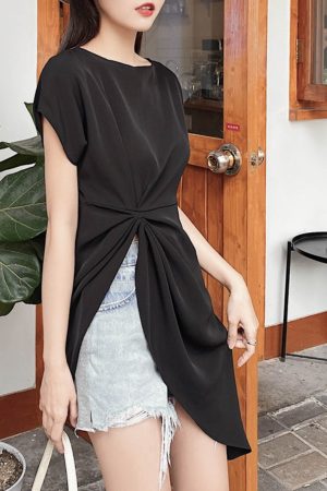 Irregular Pleated Short-Sleeve T-Shirt, Waist-Cinching Wrinkle-Resistant Chiffon Top, Summer 2025 Slimming Style