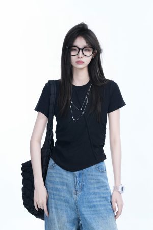 Irregular Pleated Slim Fit Short-Sleeved T-Shirt for Women - Trendy Casual Style