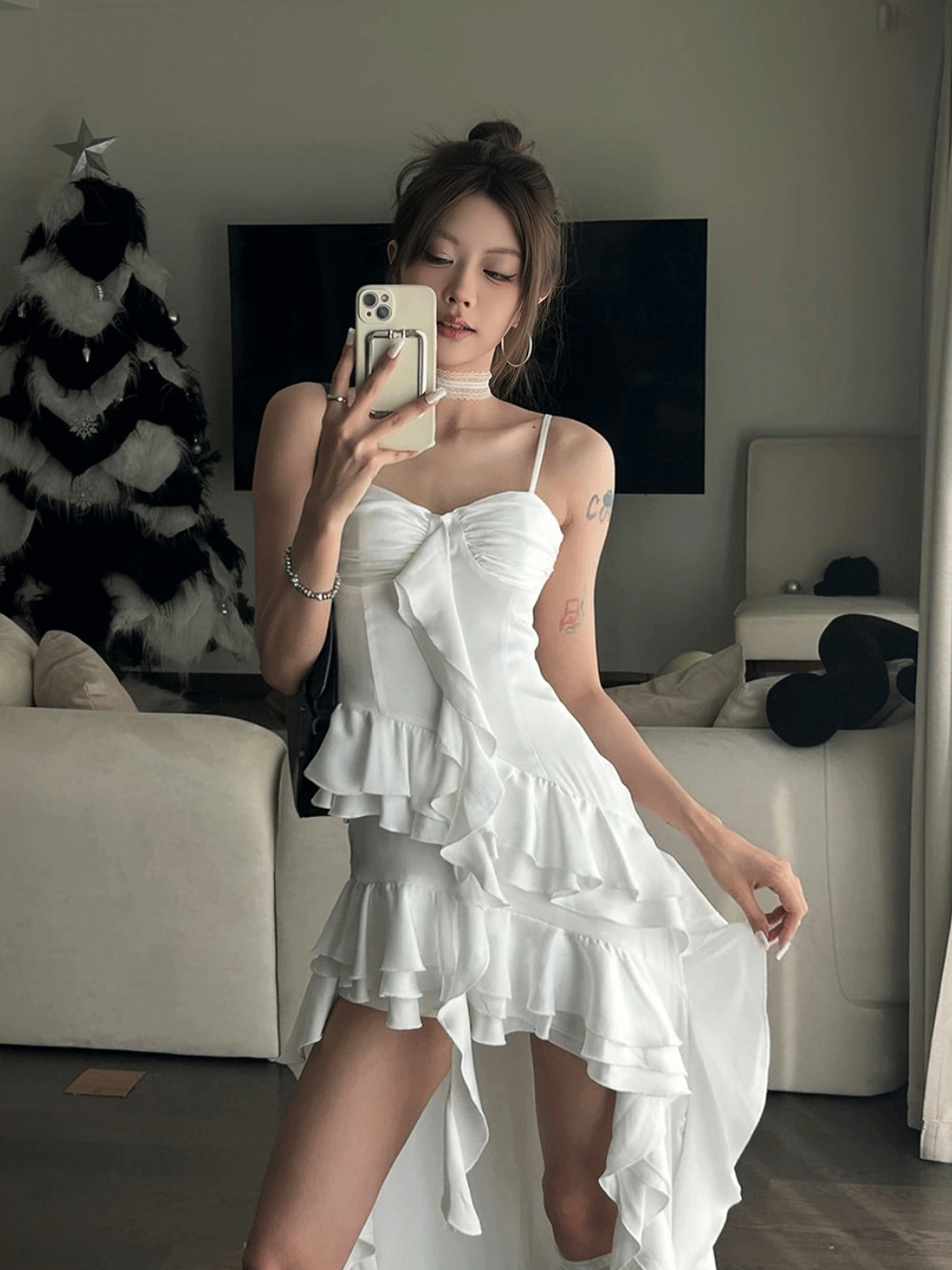 Irregular Satin Flower Bud Ruffled Strap Dress - Elegant Niche Design, Perfect for 90s and Y2K Inspired Fashion Irregular Satin Flower Bud Ruffled Strap Dress - Elegant Niche Design, Perfect for 90s and Y2K Inspired Fashion