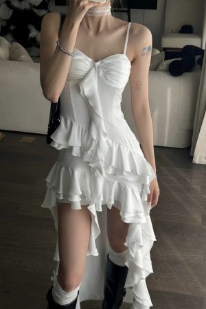 Irregular Satin Flower Bud Ruffled Strap Dress - Elegant Niche Design, Perfect for 90s and Y2K Inspired Fashion