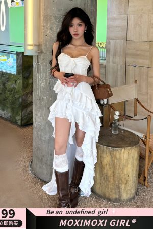 Irregular Satin Flower Bud Ruffled Strap Dress - Elegant Niche Design, Perfect for 90s and Y2K Inspired Fashion