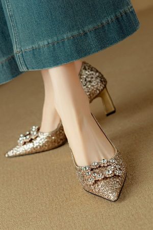 Italian Light Luxury Crystal Sequined High-Heeled Shoes for Women - Pointed Toe Square Buckle Flats, Elegant Rhinestone Design