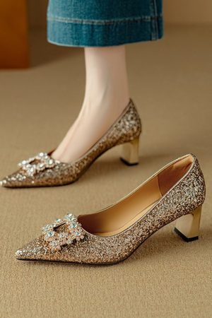 Italian Light Luxury Crystal Sequined High-Heeled Shoes for Women - Pointed Toe Square Buckle Flats, Elegant Rhinestone Design