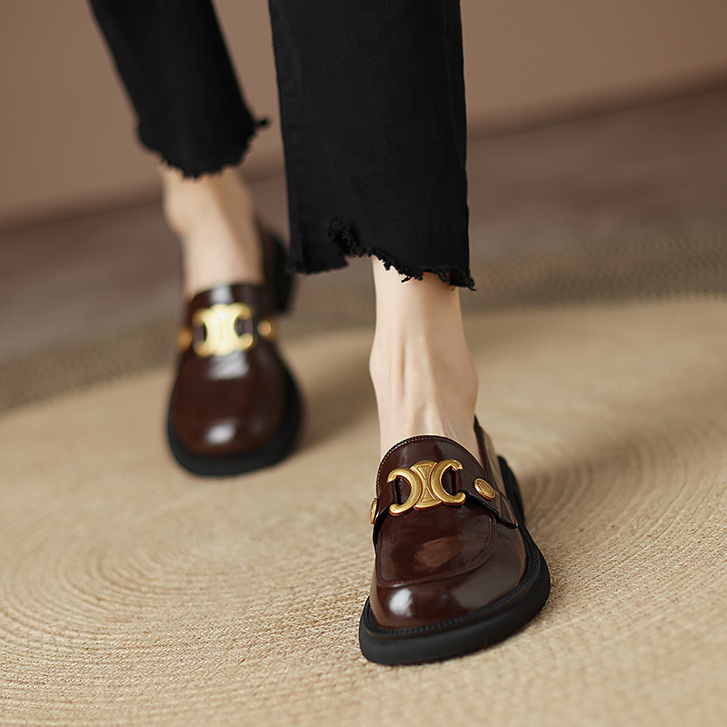 Italian-Style Soft-Soled Genuine Leather Round-Toe Loafers with Metal Buckle for Women - Non-Fatiguing Comfort, Chic Footwear Italian-Style Soft-Soled Genuine Leather Round-Toe Loafers with Metal Buckle for Women - Non-Fatiguing Comfort, Chic Footwear