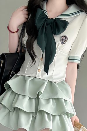 Japanese College Style Pudding Bear JK Uniform Sailor Suit Green Waist-Defined Short Sleeve Summer Outfit with Cake Skirt